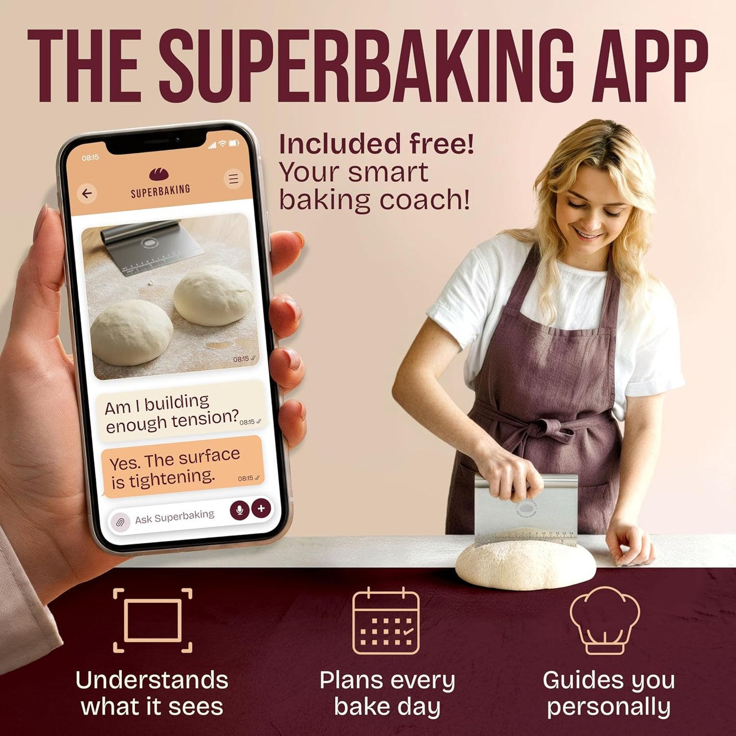 Superbaking Dough Scraper - 6" Wooden Bench Scraper - Dough Cutter with Ruler - Pastry & Cake Scraper - Kitchen Tools Sourdough Baking Supplies - Bread Making Tools & Accessories for Home Bakers
