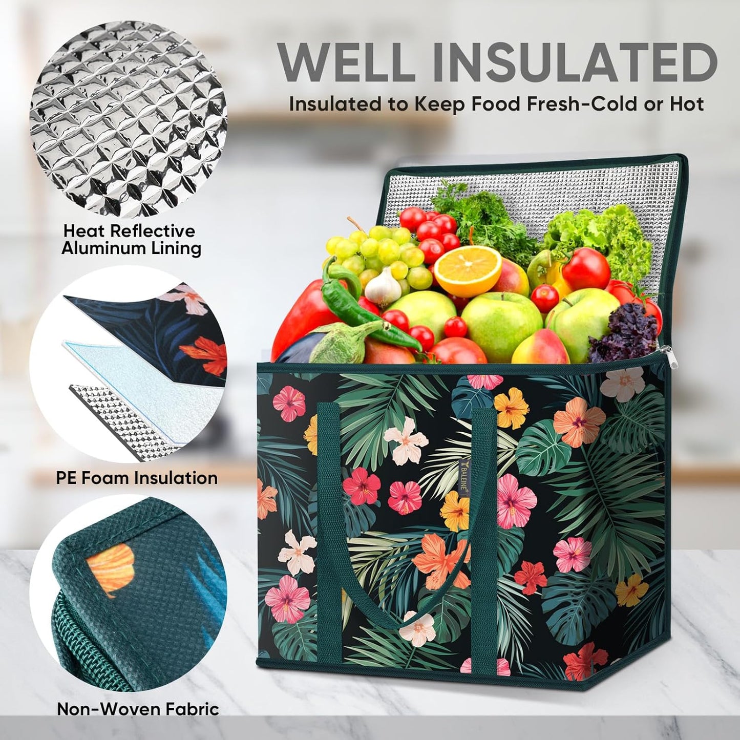 BALEINE 2Pk Insulated Reusable Grocery Bags, Collapsible Cooler Bag for Groceries, Heavy Duty Large Insulated Bag (16''x9''x13'', Antique Foliage)