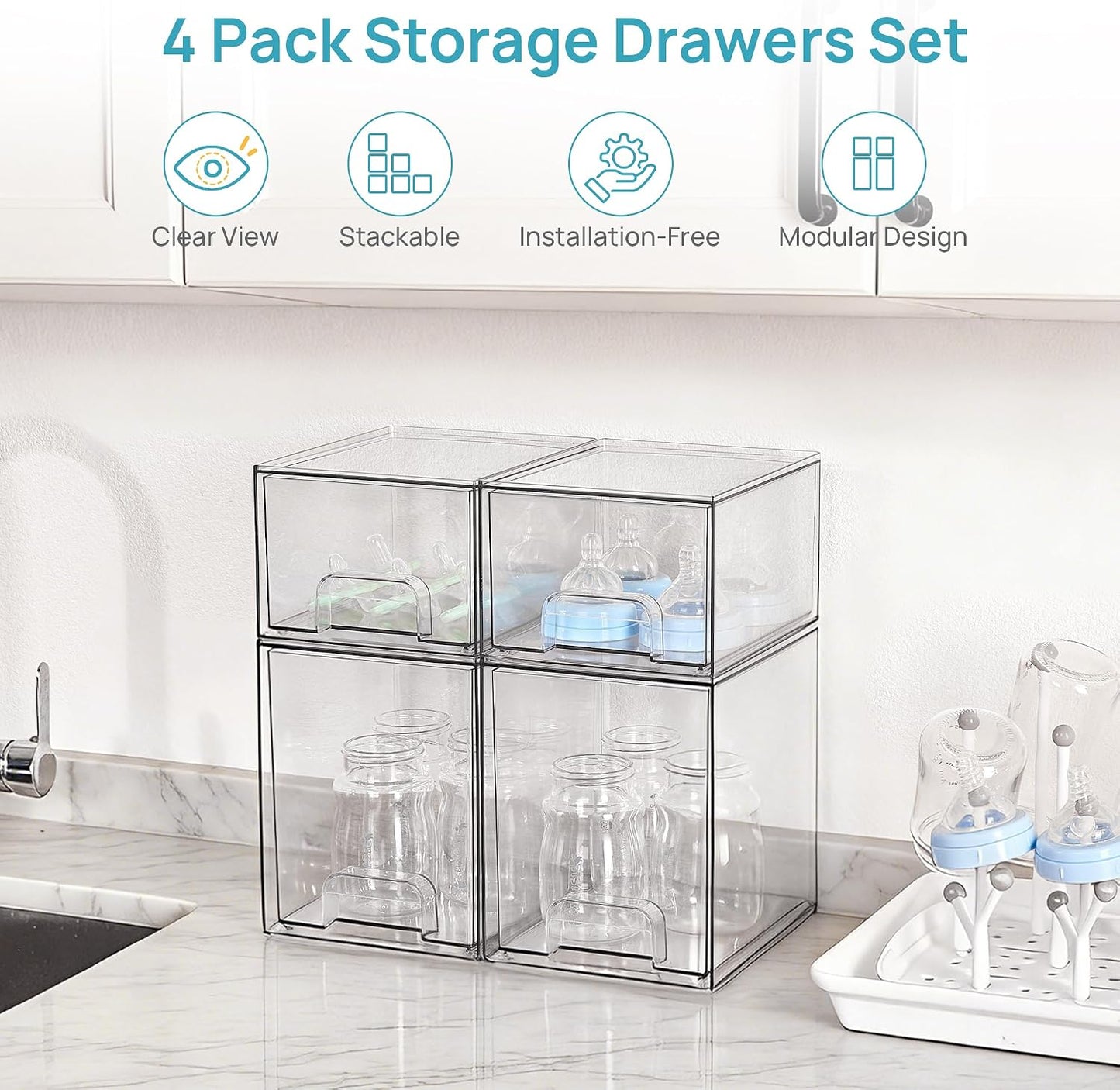 Vtopmart Stackable Storage Drawers Set of 5, Clear Plastic Organizer Bins for Baby Bottle, Beauty Supplies Storage, Ideal for Kichen Countertop, Vanity, Bathroom, Cabinet, Pantry Organization