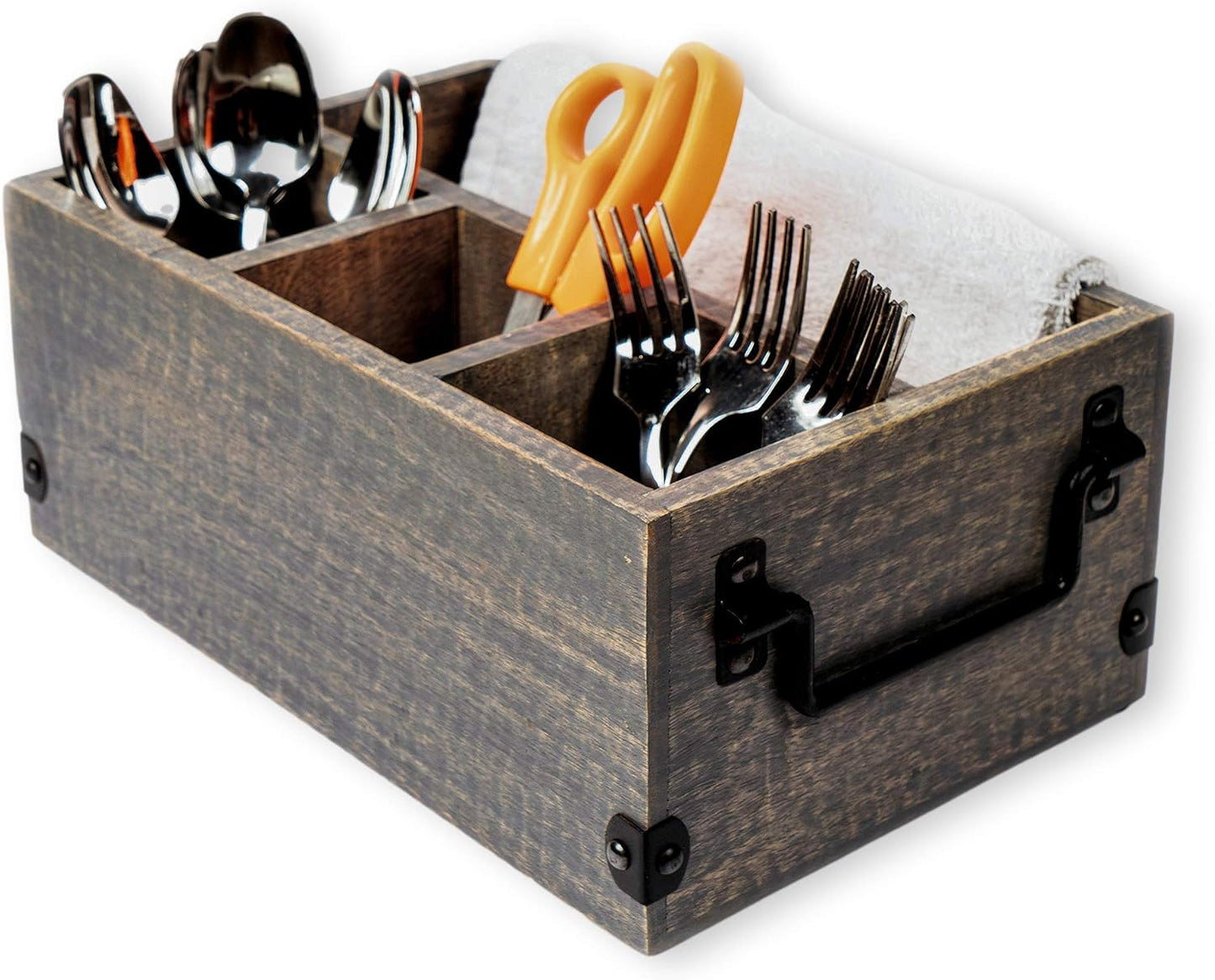 GoCraft 4-Compartment Flatware Caddy – Wooden Cutlery Holder with Napkin Holder, Silverware & Condiment Organizer, White Washed Mango Wood with Metal Handles, Perfect for Kitchen, Dining, and Picnics