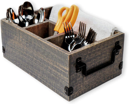 GoCraft 4-Compartment Flatware Caddy – Wooden Cutlery Holder with Napkin Holder, Silverware & Condiment Organizer, White Washed Mango Wood with Metal Handles, Perfect for Kitchen, Dining, and Picnics
