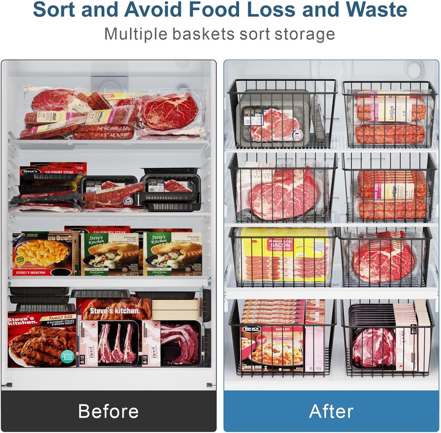 iSPECLE Freezer Organizer Bins - 4 Pack Upright Freezer Baskets for 17/21 Cu.Ft Stand Up Freezer, Wire Storage for Reach-In Freezer, Slide-Out Access, Prevents Items Falling, 2 Large 2 Medium, White
