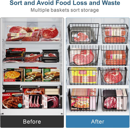 iSPECLE Freezer Organizer Bins - 4 Pack Upright Freezer Baskets for 17/21 Cu.Ft Stand Up Freezer, Wire Storage for Reach-In Freezer, Slide-Out Access, Prevents Items Falling, 2 Large 2 Medium, White