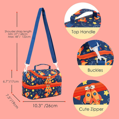 Insulated Kids Dual Compartment Lunch Bags Tote Pack for Girls Boys Toddler Kindergarten School Picnic Cooler Thermal Lunch Boxes with Strap (Green Rainbow)