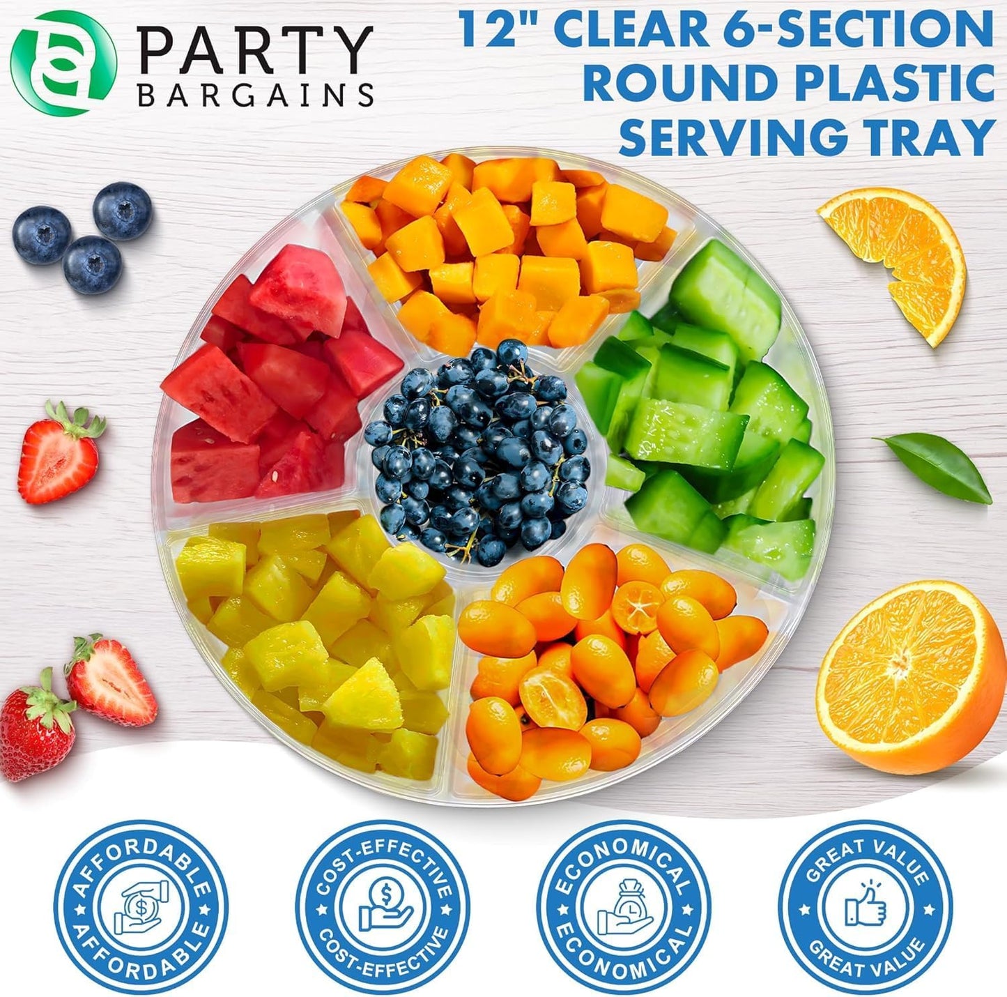 PARTY BARGAINS 12" Round Plastic Serving Tray, 6-Sections, Clear, Pack of 1