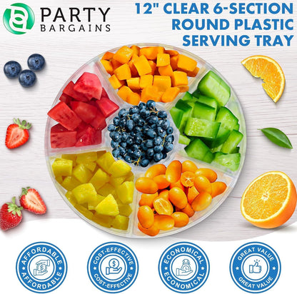 PARTY BARGAINS 12" Round Plastic Serving Tray, 6-Sections, Clear, Pack of 1