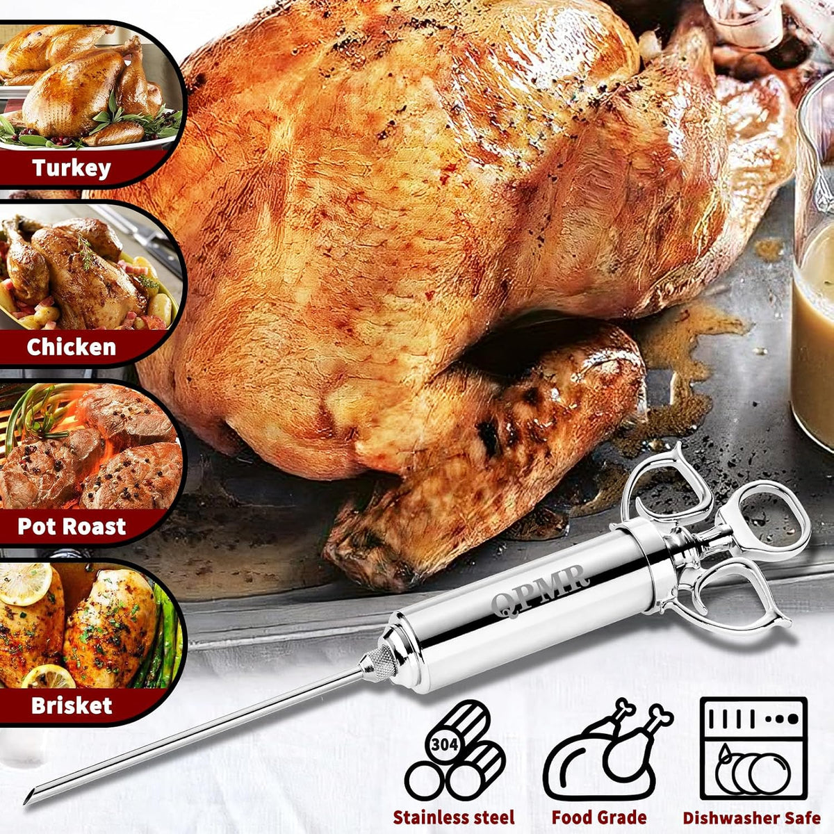 QPMR Meat Injector Syringe Kit, 2-oz Large Capacity Marinade Turkey Injector with 3pcs Stainless Steel Marinade Injector Needles for BBQ Grill Smoker & Turkey & Brisket