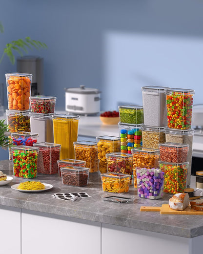Airtight Food Storage Containers with Lids, 24 PCS Kitchen and Pantry Organization Canisters, BPA-Free, PVC-Free, Food-grade Plastic Leak-proof Jars for Cereal, Flour, Sugar, Extra 24 Labels & Marker