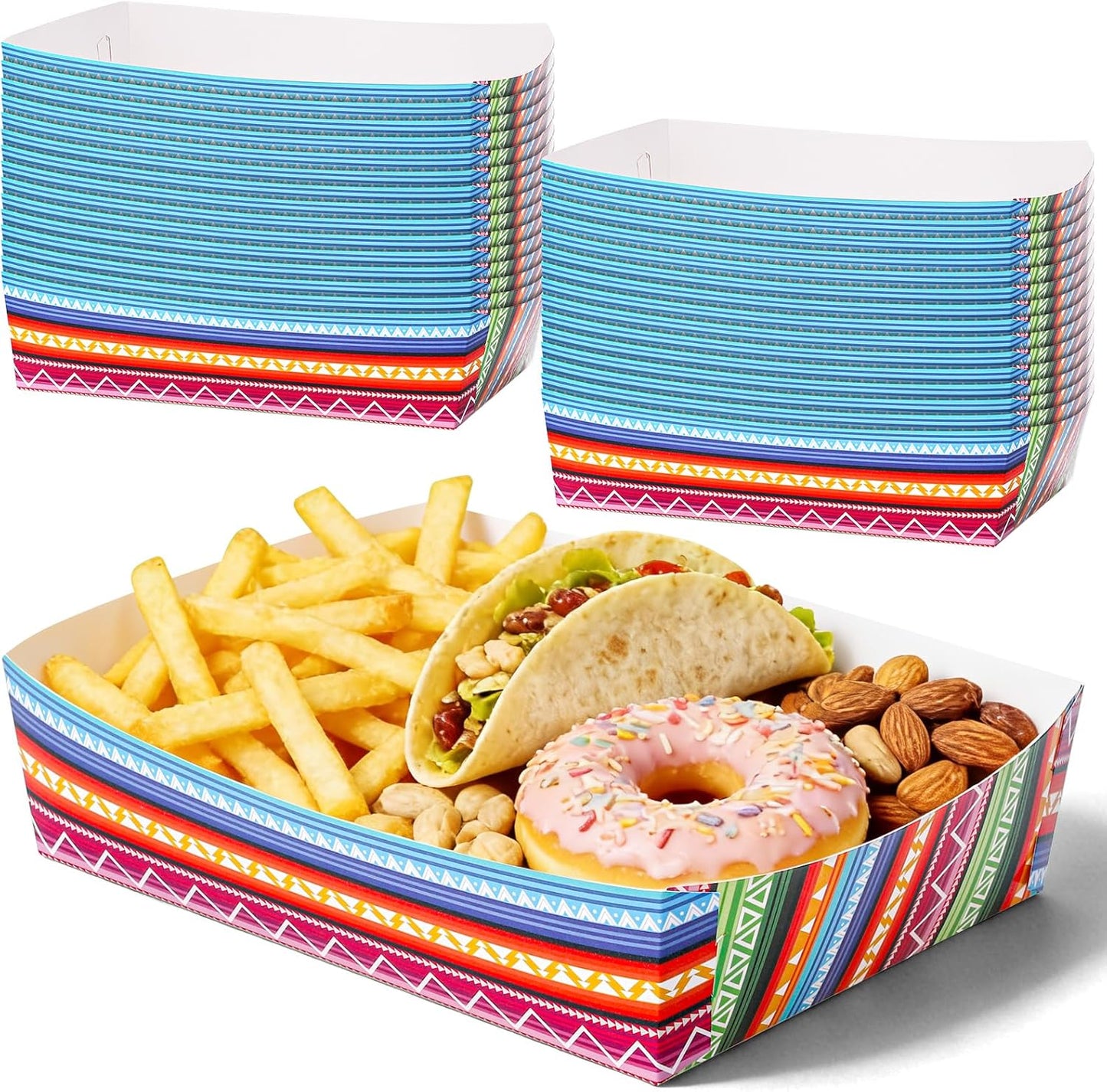 woric 54 Pcs Mexican Taco Food Trays, Disposable Mexican Nacho Paper Plates Popcorn Snack Candy Fries Tray for Birthday Carnival Easter Supplies