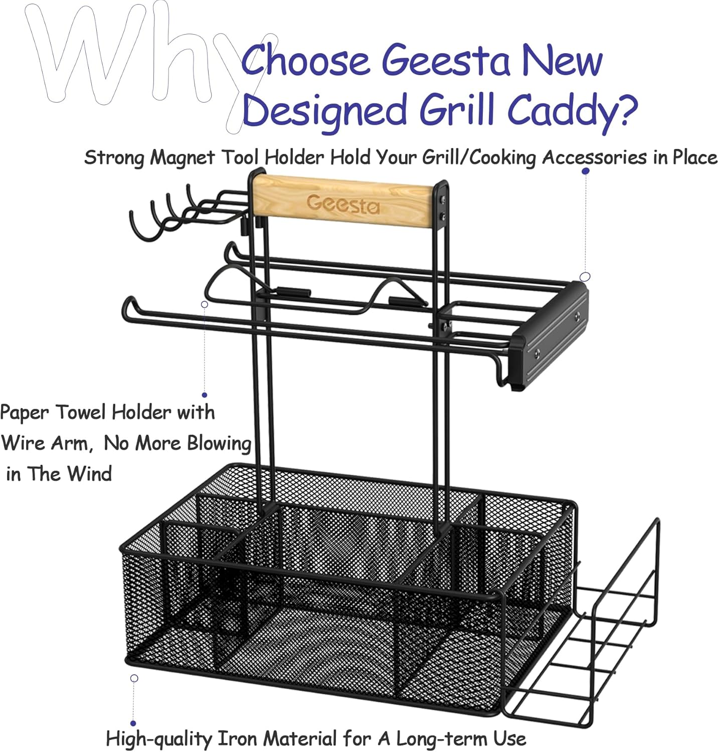 Geesta Grill Caddy for Outdoor Grill, BBQ Picnic Camping Caddy with Paper Towel Holder & Magnetic Tool Holder, Condiment Storage Utensil Kitchen Organizer for RV Camper, Tailgate Accessories