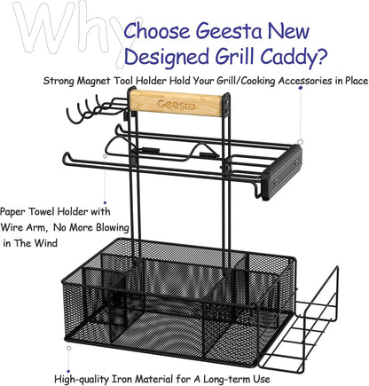 Geesta Grill Caddy for Outdoor Grill, BBQ Picnic Camping Caddy with Paper Towel Holder & Magnetic Tool Holder, Condiment Storage Utensil Kitchen Organizer for RV Camper, Tailgate Accessories