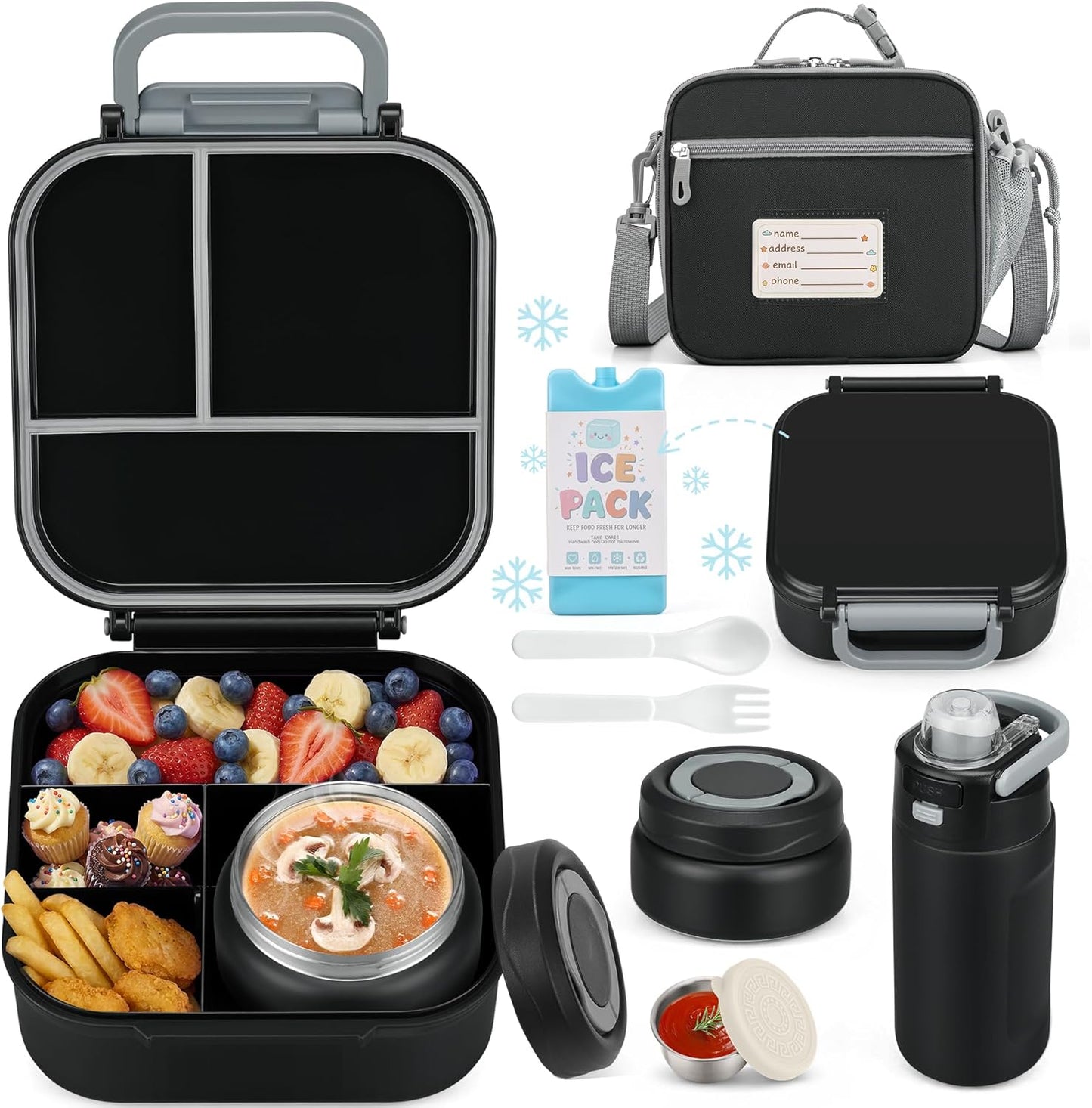 Bento Lunch Box for Kids with 7oz Soup Thermo,Insulated Stainless Steel Kids Water Bottle with Straw and Insulated Lunch Bag,Leak-Proof Lunch Food Container with Ice Pack for School (Purple-Mermaid)