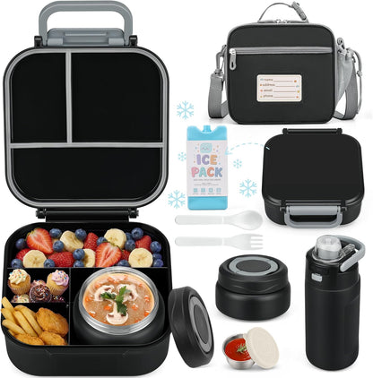 Bento Lunch Box for Kids with 7oz Soup Thermo,Insulated Stainless Steel Kids Water Bottle with Straw and Insulated Lunch Bag,Leak-Proof Lunch Food Container with Ice Pack for School (Purple-Mermaid)