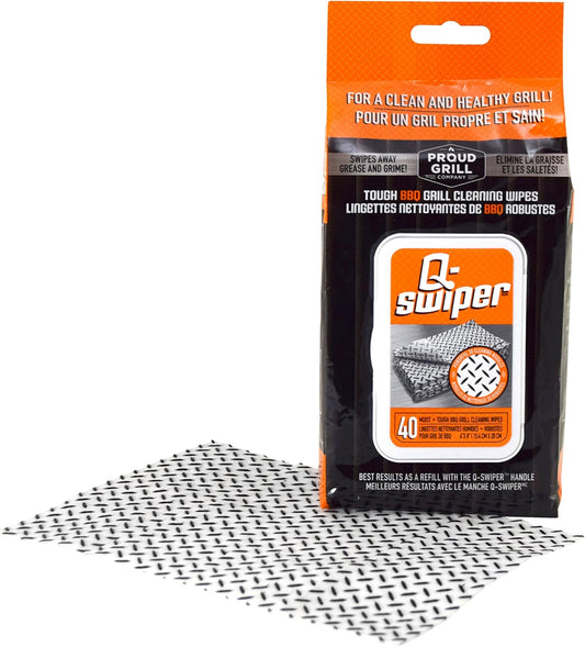 Proud Grill Q-Swiper Grill Cleaning Wipes - Bristle & Wire Free BBQ Cleaner, Heavy Duty Degreaser Wipes, Grease & Grime Remover for Outdoor Barbecue Grills - Gifts for Men, 40 Count, 1-Pack