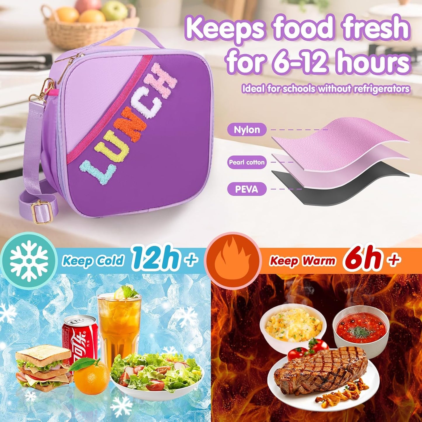 Nsrzua Lunch Bag Kids-Kids Insulated Lunch Bag with Adjustable Strap - Reusable Leakproof Lunch Box for Girls, Preppy School Lunch Tote for Travel, Picnic,School & Winter Camp