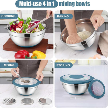 E-far Mixing Bowls with Lids Set, 15PCS Stainless Steel Mixing Nesting Bowl with Colander & 3 Metal Grater for Kitchen Prep/Baking/Storage, Non-Slip Bottom & Airtight Lid, 4.6, 3, 1.5, 1, 0.7QT, Black
