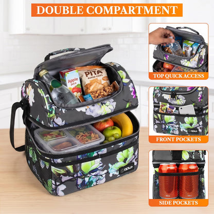 opux Insulated Lunch Bag for Men Women, Double Decker Leakproof Lunch Box Cooler Tote with Shoulder Strap, Large Lunchbox for Work School Travel Meal Prep, Adults Kids Boys Girls, Green, 16 Cans