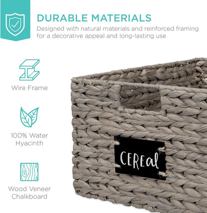 Best Choice Products Set of 4 9x12in Water Hyacinth Pantry Baskets, Woven Organizers w/Chalkboard Label, Chalk Marker - Natural