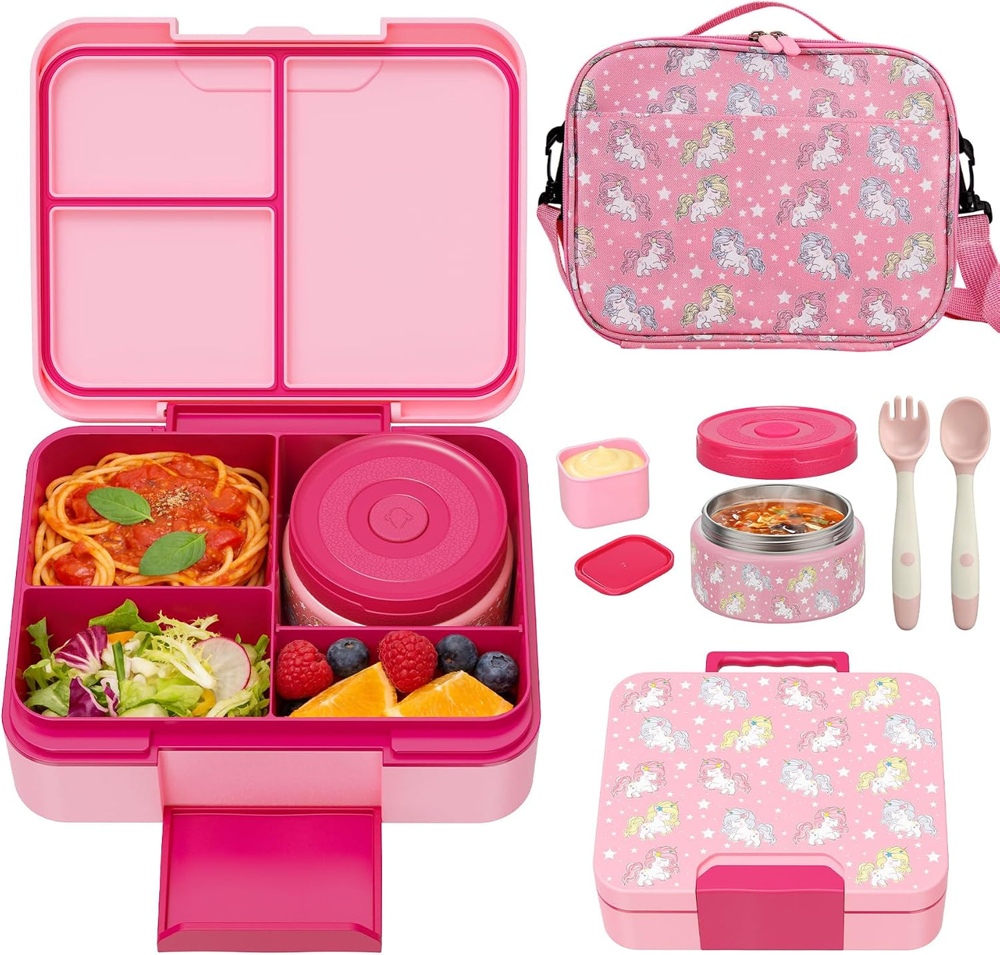 Kids Bento Lunch Box Set with 9.5oz Soup Thermo, Leak-Proof Lunch Food Containers with 3 Compartment and Removable Inner Tray, Insulated Hot Food Jar with Lunch Bag for School, Office, Sea Blue