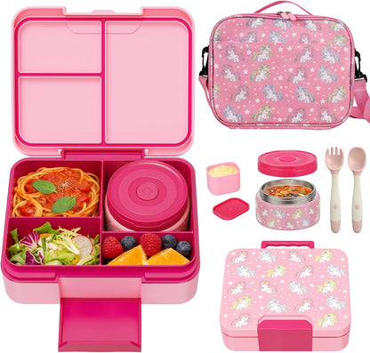 Kids Bento Lunch Box Set with 9.5oz Soup Thermo, Leak-Proof Lunch Food Containers with 3 Compartment and Removable Inner Tray, Insulated Hot Food Jar with Lunch Bag for School, Office, Sea Blue