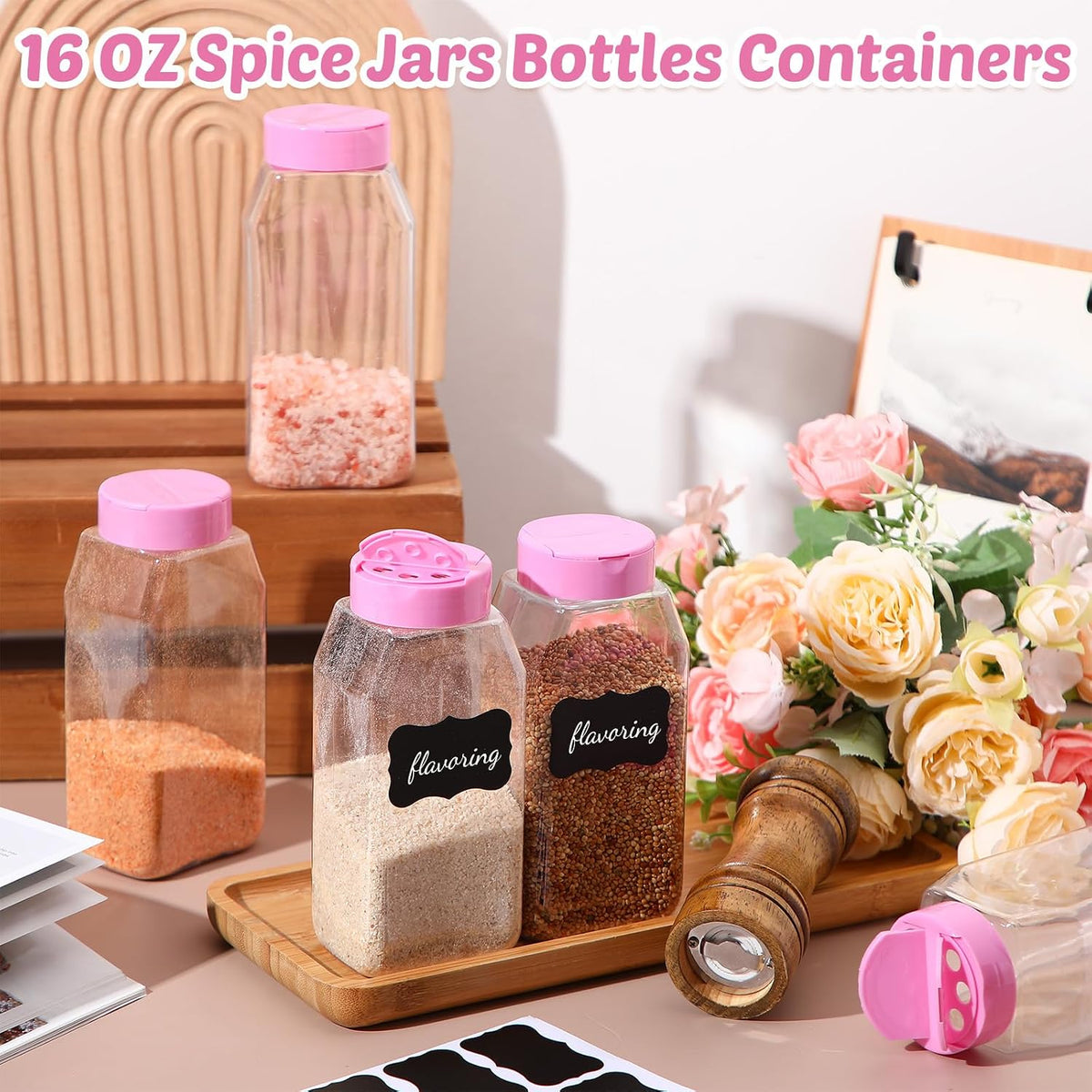 Mifoci 28 Pack 16 oz Black Plastic Spice Jars with Cap