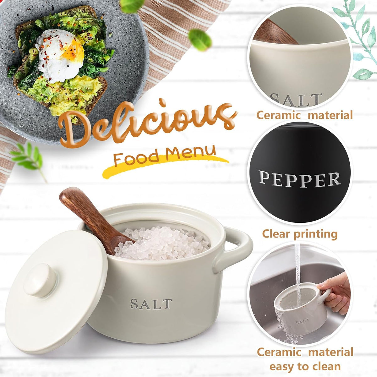 Honeydak Speckled Ceramic Salt Cellar with Lid and Wooden Spoon, Rustic Farmhouse Salt Pepper Cellar Holder for Mothers Day, Housewarming Gift, Heavyweight Spices Jar (Green)