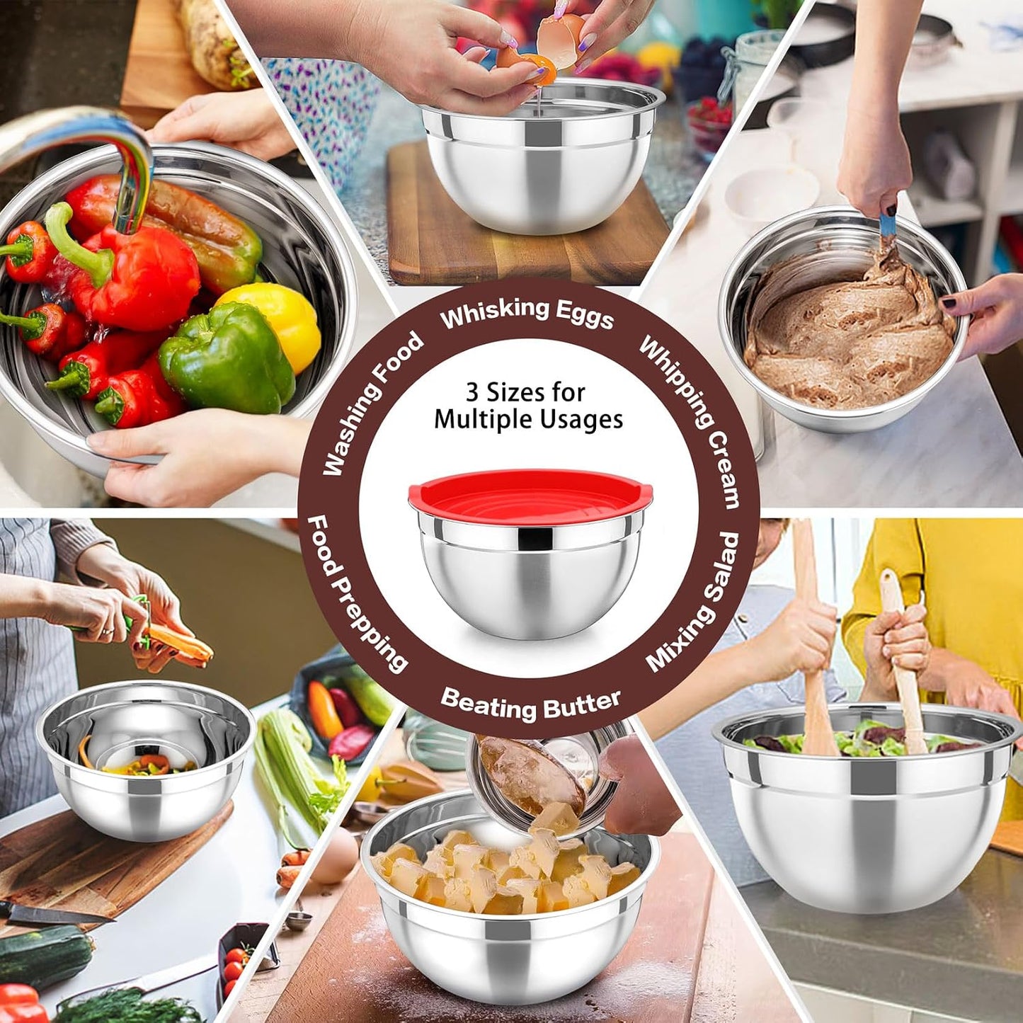 P&P CHEF Black Mixing Bowls with Lids, Set of 3, Stainless Steel Salad Nesting Bowl for Mixing, Storing, Prepping, Airtight & Stackable, Size 4.6/3 /1.5 QT