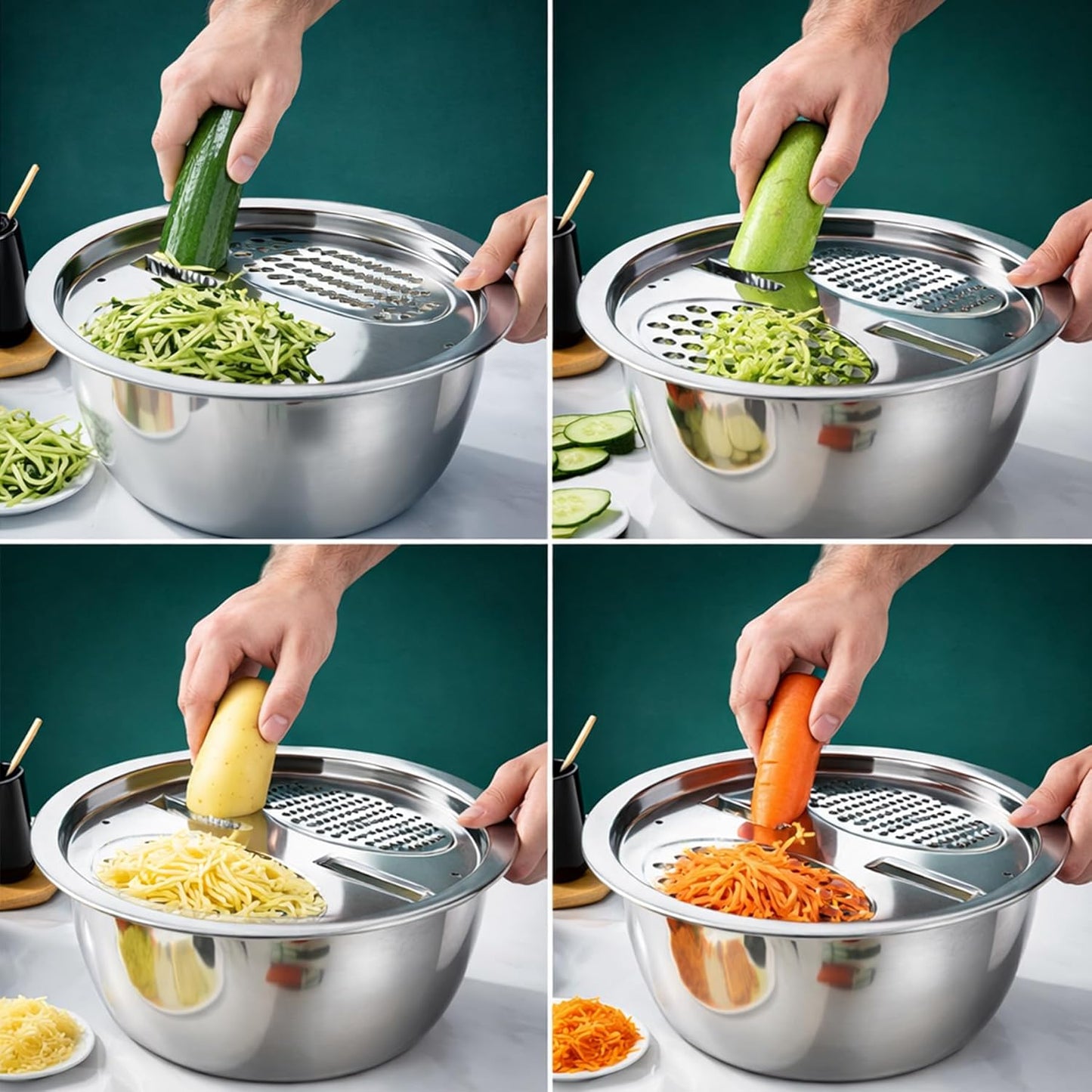 Stainless Steel Salad Spinner Set with Grater and Food Clip, 6L Large Metal Salad Spinner, Fruit Vegetable Dryer with Built-in Drain Spout for Dehydrating Fruit and Vegetable, Pasta (Silver)