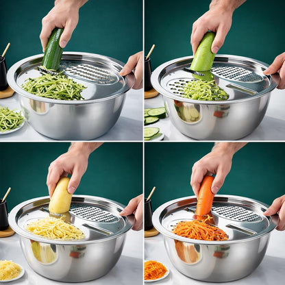 Stainless Steel Salad Spinner Set with Grater and Food Clip, 6L Large Metal Salad Spinner, Fruit Vegetable Dryer with Built-in Drain Spout for Dehydrating Fruit and Vegetable, Pasta (Silver)