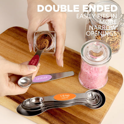ChefAide Pack of 8 Stainless Steel Magnetic Measuring Spoons Set, Dual Sided, Stackable, Adjustable Teaspoon and Tablespoon Measure Spoon with Leveler, Kitchen Gadgets