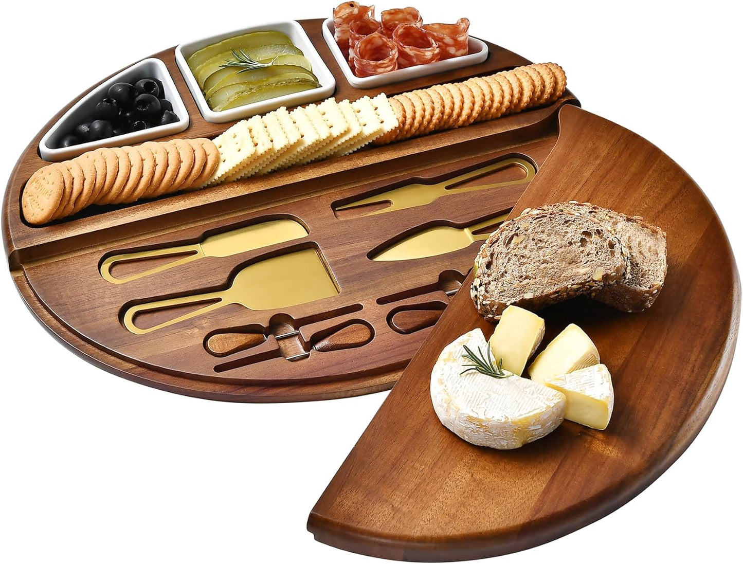 Shanik Acacia Wood Lazy Susan Cheese Board Set – Rotating Charcuterie Platter, Elegant Serving Tray for Appetizers, Snacks, Parties & Weddings