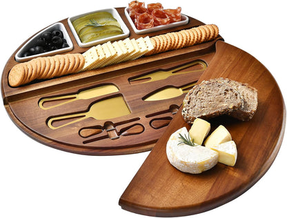 Shanik Acacia Wood Lazy Susan Cheese Board Set – Rotating Charcuterie Platter, Elegant Serving Tray for Appetizers, Snacks, Parties & Weddings