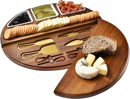 Shanik Acacia Wood Lazy Susan Cheese Board Set – Rotating Charcuterie Platter, Elegant Serving Tray for Appetizers, Snacks, Parties & Weddings