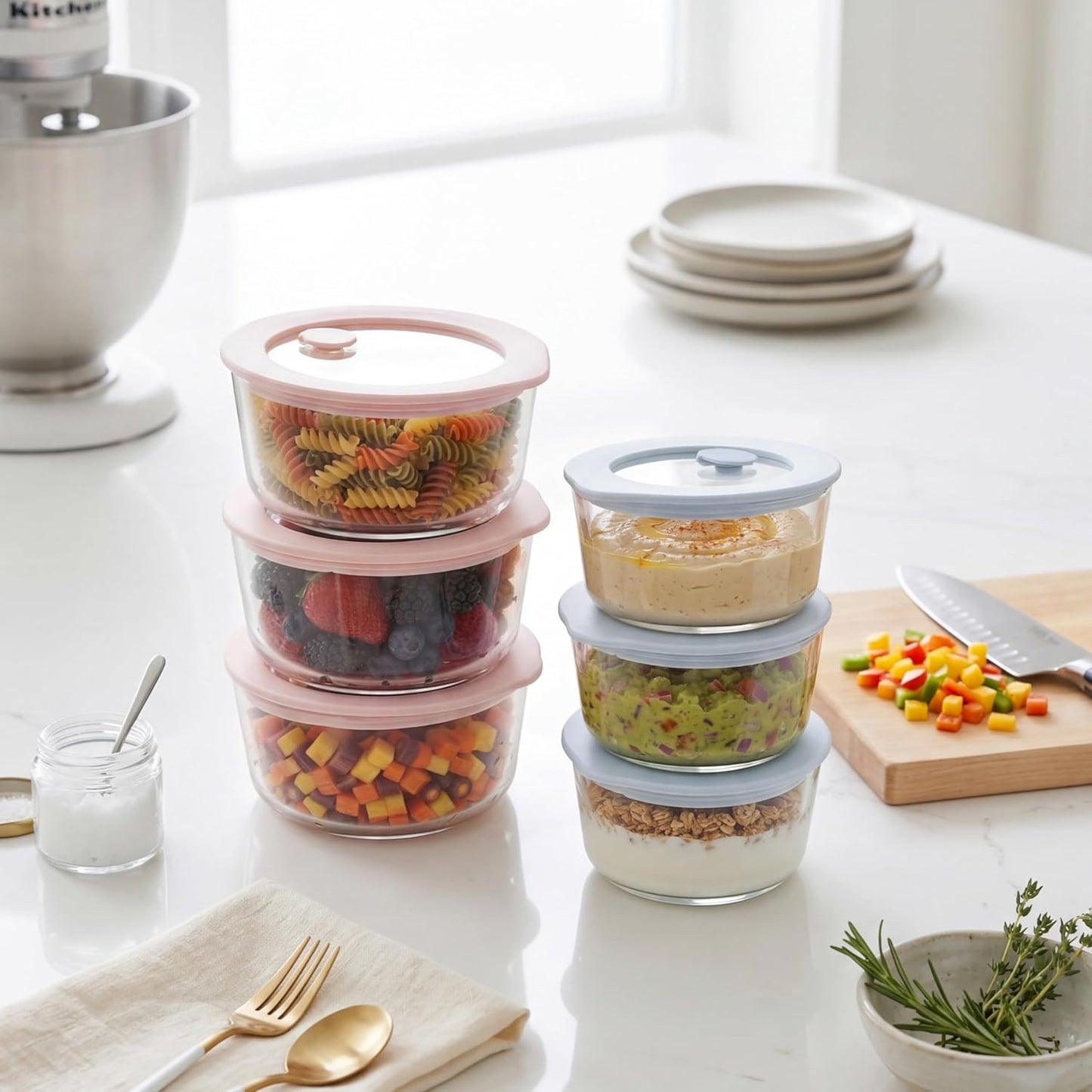 Urban Green Glass Food Container Set with Glass Lid, 5 Pack, Meal Prep Containers with Silicone Framed Airtight Lid, Leakproof, 100% Plastic Free