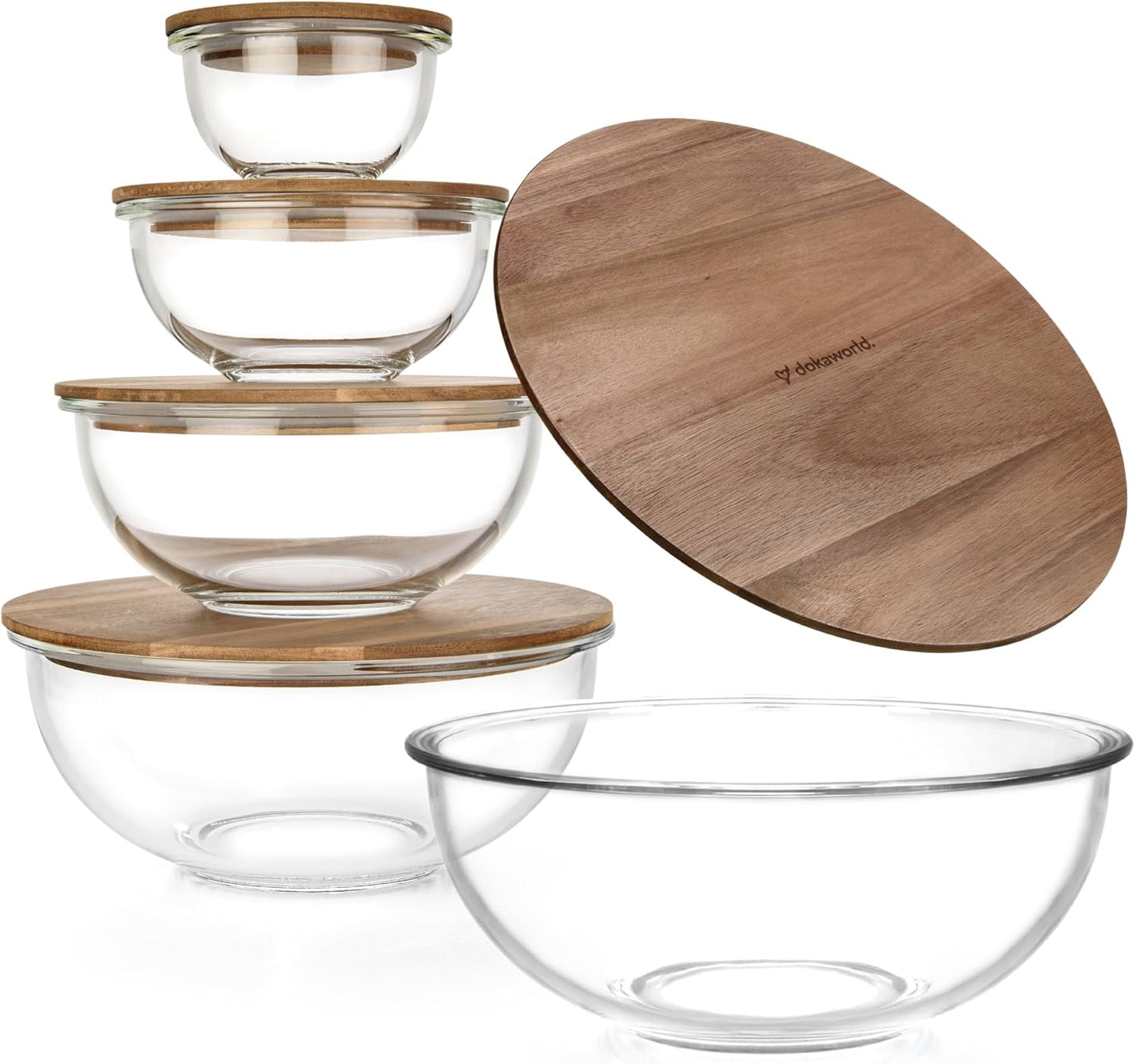 Set of 4 Stackable Space-Saving Nesting Glass Bowls with Airtight Acacia Lids for Lunch, Meal & Food Prep - Microwave & Oven-ready BPA Free Durable Heat Resistant Inert Borosilicate Glass