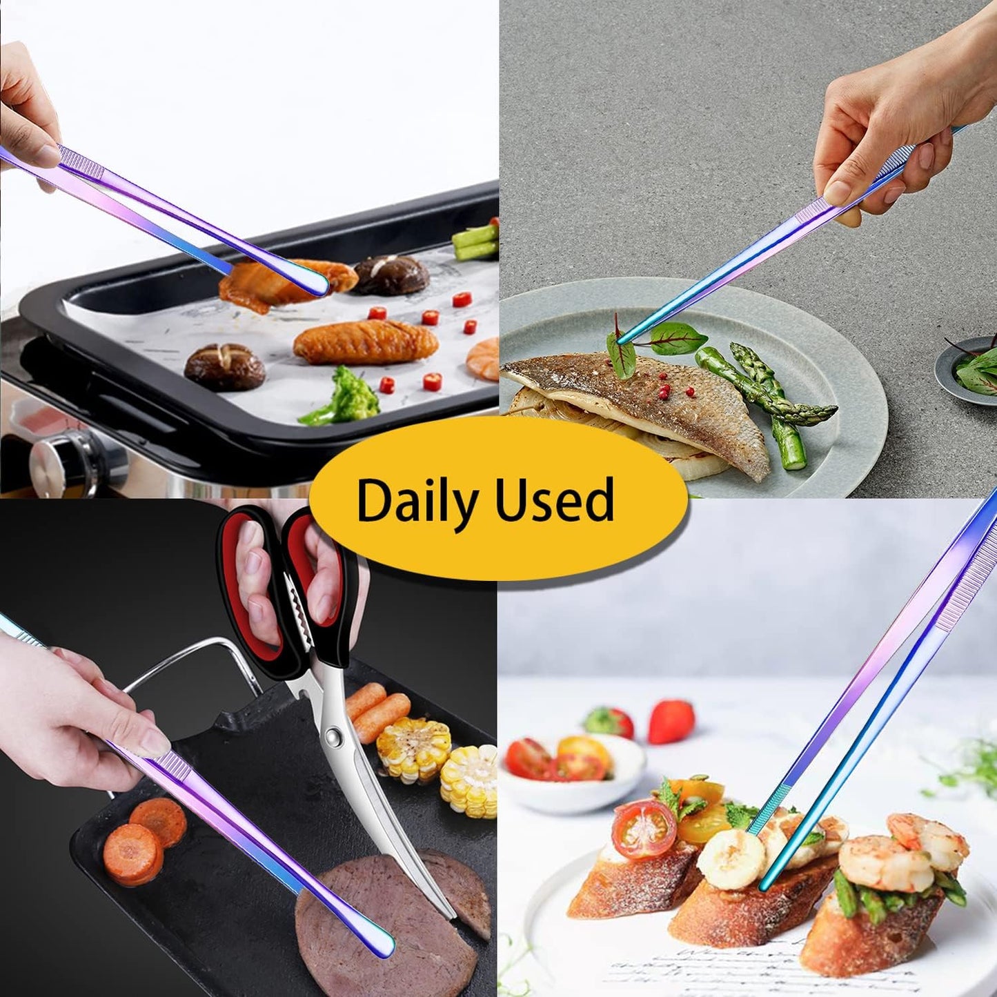 JETKONG 2 Pcs 12-Inch Kitchen Tweezers Fine Tweezer Tongs, Extra-Long Stainless Steel Cooking Tweezers (Silver)