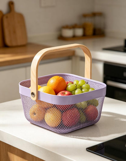 AJIODA Metal Mesh Wire Basket, Large Steel Basket with Wooden Handle Storage Organizer Basket Multi-functional Hanging Kitchen Baskets Fruit Baskets for Kitchen Bathroom Cabinet Pantry Snacks, Black