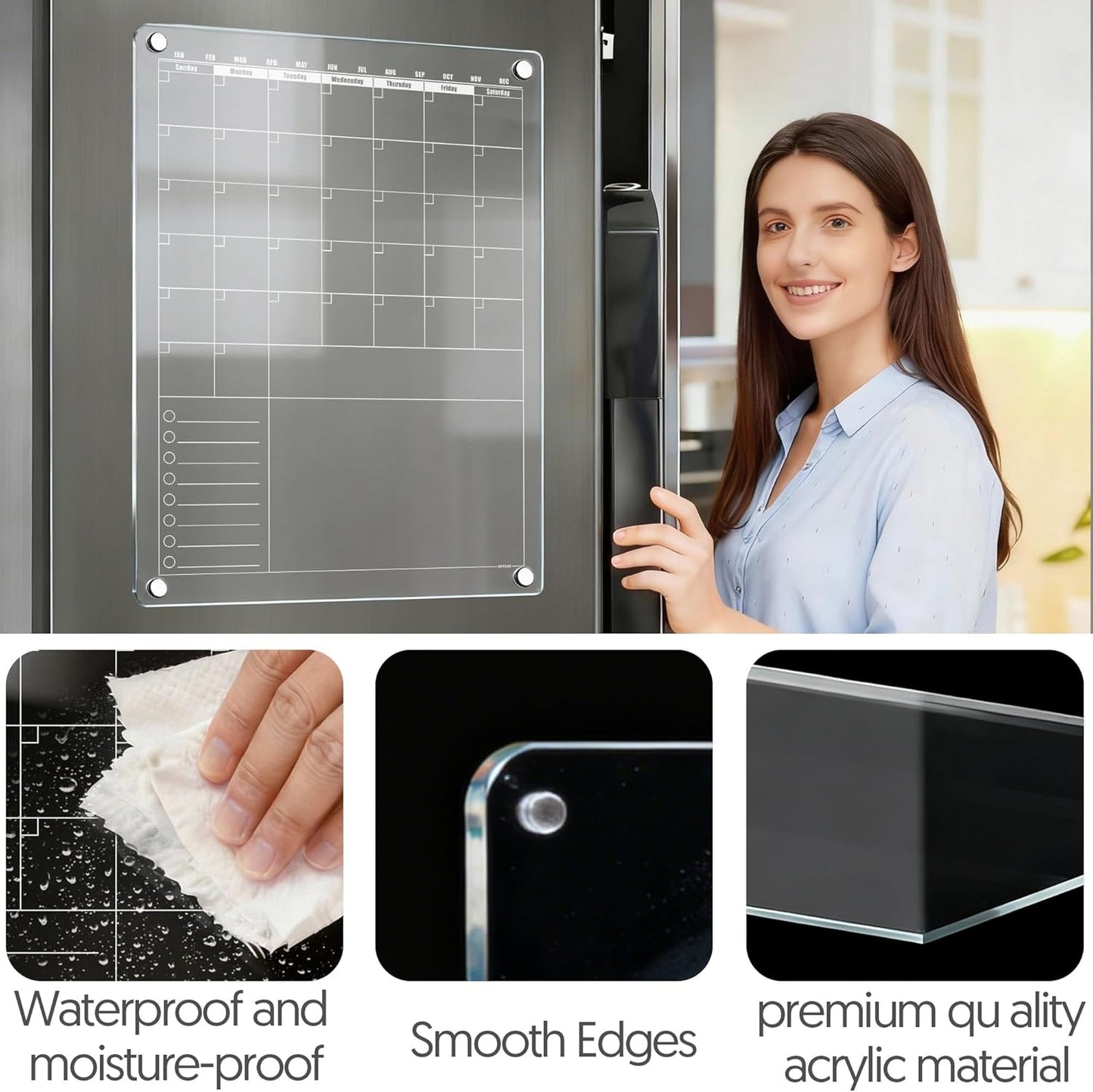 Acrylic Magnetic Dry Erase Calendar for Fridge Clear Vertical Monthly Whiteboard Planner Erasable Planning Board White 16" x 12" w/ 6 Color Wet Erase Marker