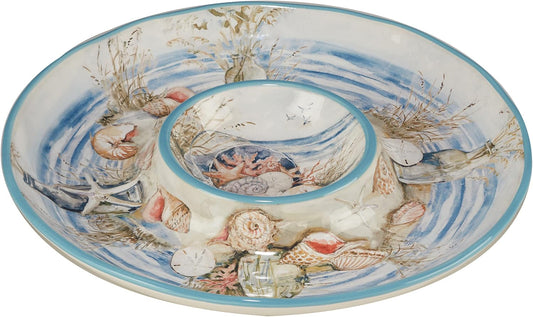 Coastal Landscape Ceramic Chip & Dip Platter – 13.5" Round Server with Shorebirds Illustration, Ocean-Inspired Tableware for Chips & Salsa, Crudités, Seafood, Crackers, Appetizers