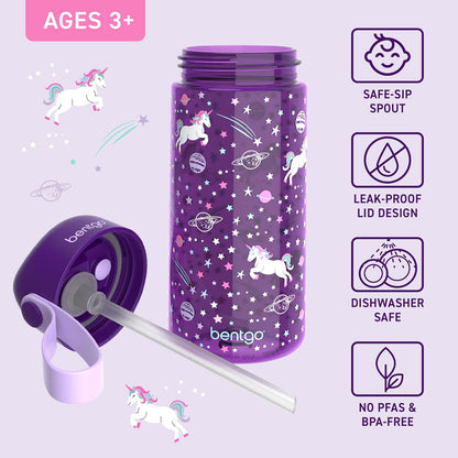 Bentgo Kids Water Bottle - Leak-Proof, Durable Tritan PFAS- & BPA-Free 15 fl oz, Kids/Toddlers Ages 3+ for School & Sports; Bite & Sip Spout, Carrying Handle, Dishwasher Safe (Unicorn)