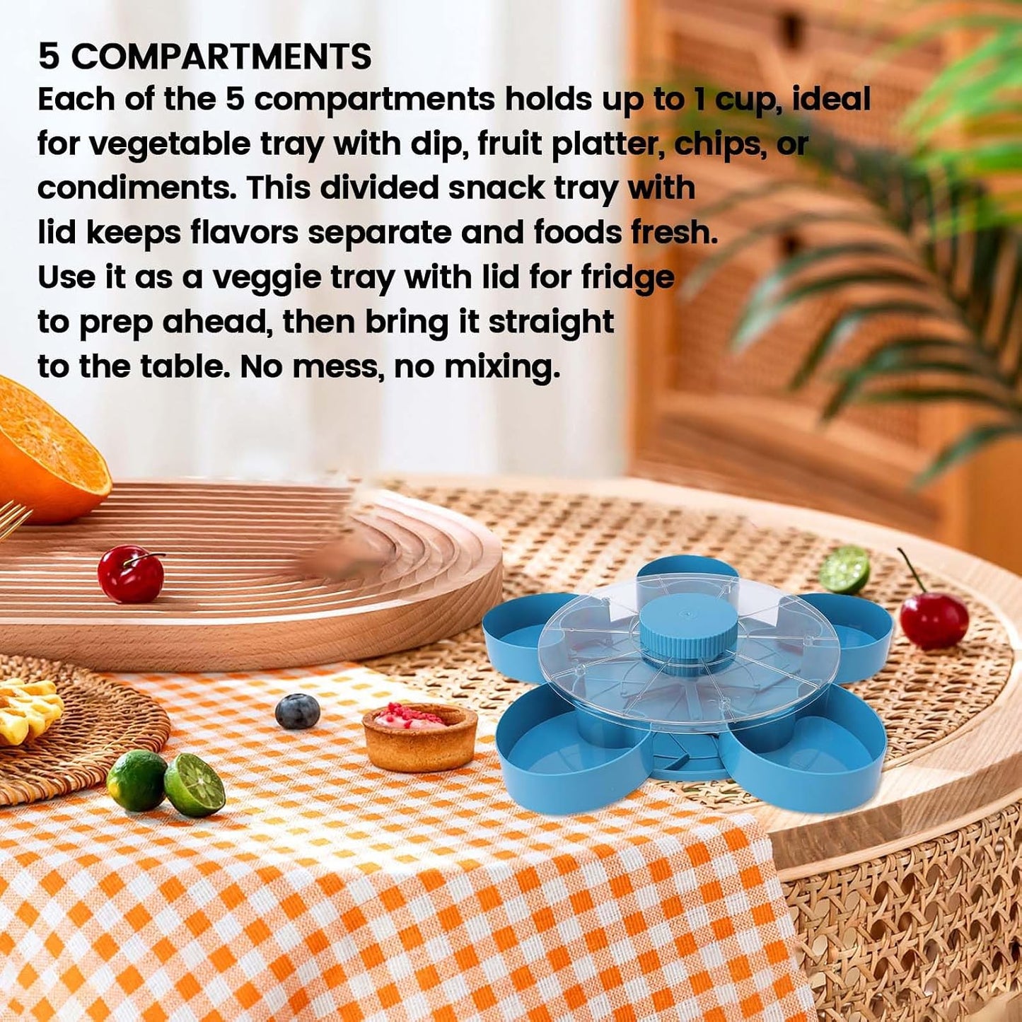 Ymiko 5 Compartment Rotating Snack Tray with Lid Veggie Fruit Tray Vegetable with Dip for Party Appetizers Picnic Kitchen Non Slip Base ABS 9.75in