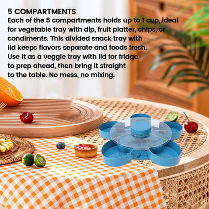 Ymiko 5 Compartment Rotating Snack Tray with Lid Veggie Fruit Tray Vegetable with Dip for Party Appetizers Picnic Kitchen Non Slip Base ABS 9.75in