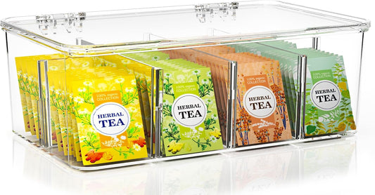 Utopia Home - Tea Bag Organizer With Lids, (2 Pack) Clear Pantry Storage Box - Stackable Partition Organizers or Holder With Lids For Drawers, Countertops, Fridge, Kitchen, Snack & Spice Organization