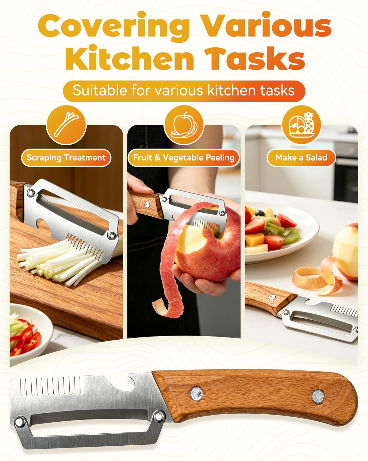 Shredder - 3-in-1 Multifunctional Vegetable Peeler with Bottle Opener & Julienne Shredder, Wide Stainless Steel Blade and Non-slip Wooden Handle, Peeler Knife for Fruits, Vegetables (1pcs)