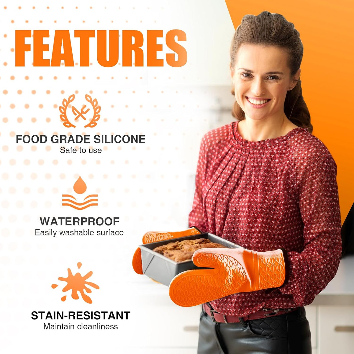 Silicone Oven Mitts, Heat Resistant 2PCS Oven Mitts with Soft Cotton Lining, Waterproof Non-Slip Grip Oven Glove, Kitchen Potholder Mits for BBQ, Baking, Cooking, 12.5 Inch - Grey