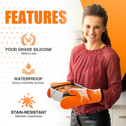 Silicone Oven Mitts, Heat Resistant 2PCS Oven Mitts with Soft Cotton Lining, Waterproof Non-Slip Grip Oven Glove, Kitchen Potholder Mits for BBQ, Baking, Cooking, 12.5 Inch - Grey