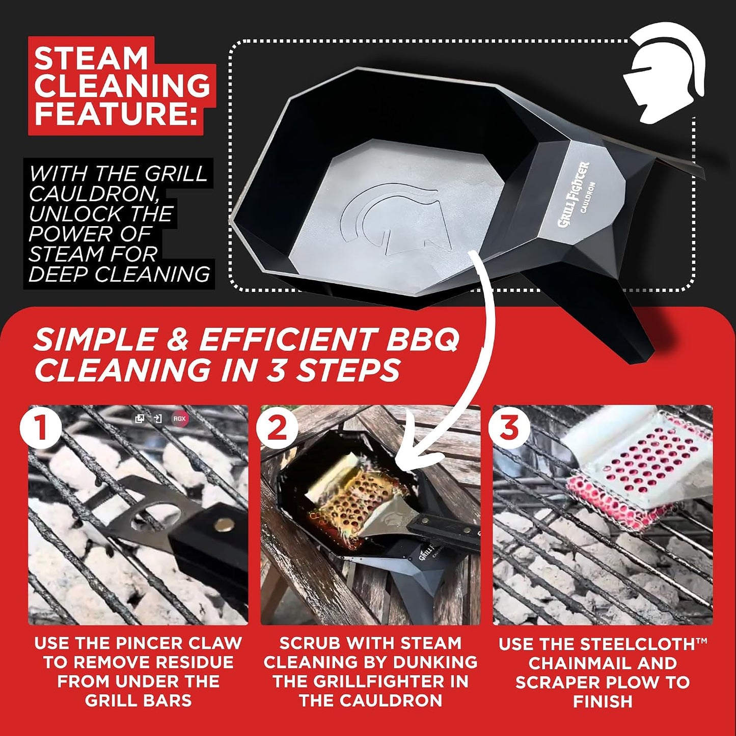 Grill Brush, Steel Bristle-Free BBQ Grill Cleaner with SteelCloth™ Stainless Steel Chainmail, Ergonomic Handle for Cast Iron, Stainless Steel & Porcelain-Coated Grates, 1 Pack