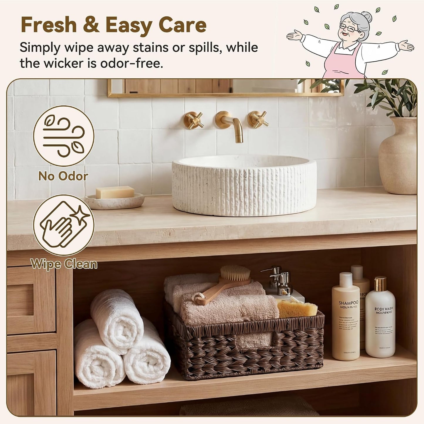 GRANNY SAYS Wicker Storage Baskets for Shelves, Water Hyacinth Basket with Scalloped Edge, Storage Wicker Baskets for Pantry, Large, 2-Pack