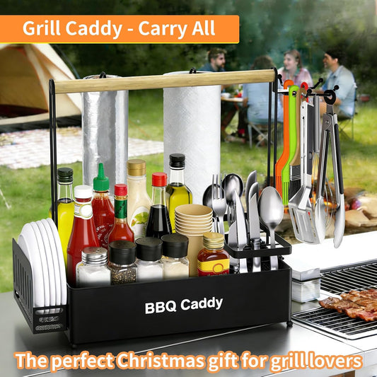 Picnic Caddy BBQ Utensil Caddy for Outdoor Grill Camping for Plate Cutlery CompartmentStorage with 3 Hooks Kitchenn Barbecue Accessories RV Patio Tailgate EssentialsEasy Carry Grilling Gifts for Men