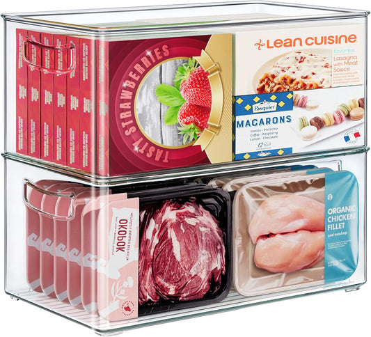 Heyuzb 8 PACK Freezer Organizer Bins Fridge Organizers and Storage Stackable Refrigerator Organizers Bins with Side Handles Clear Storage Bins for Pantry, Under Sink, Kitchen Cabinet